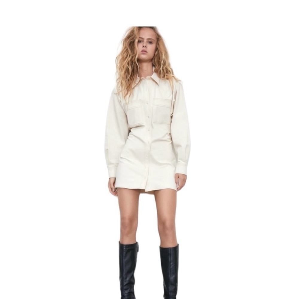 ZARA Denim Ruched Pockets Natural shirt dress